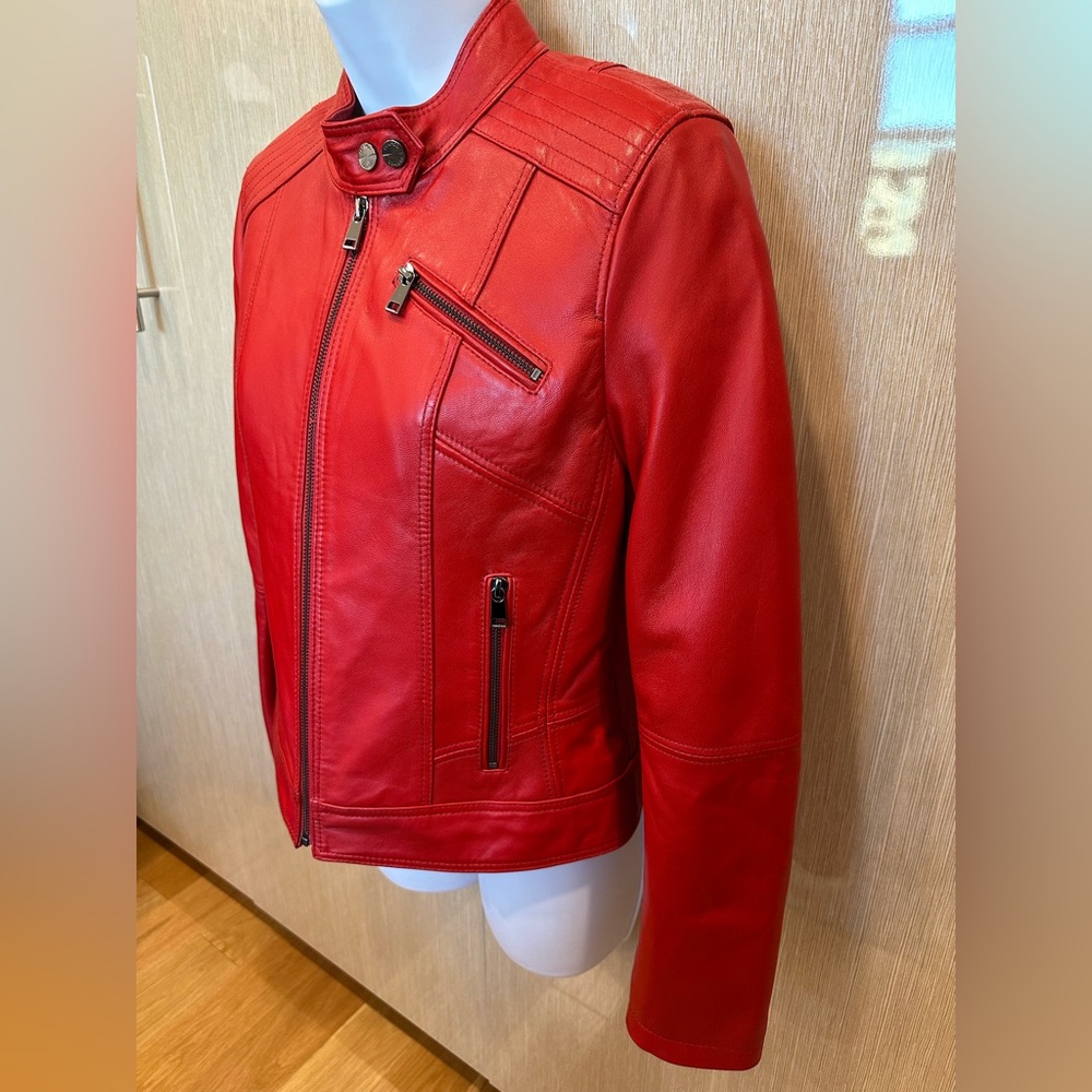 Derimod EXPO Red Leather Women's Jacket - Size M. Moto Biker Cafe Racer - Picture 3 of 11